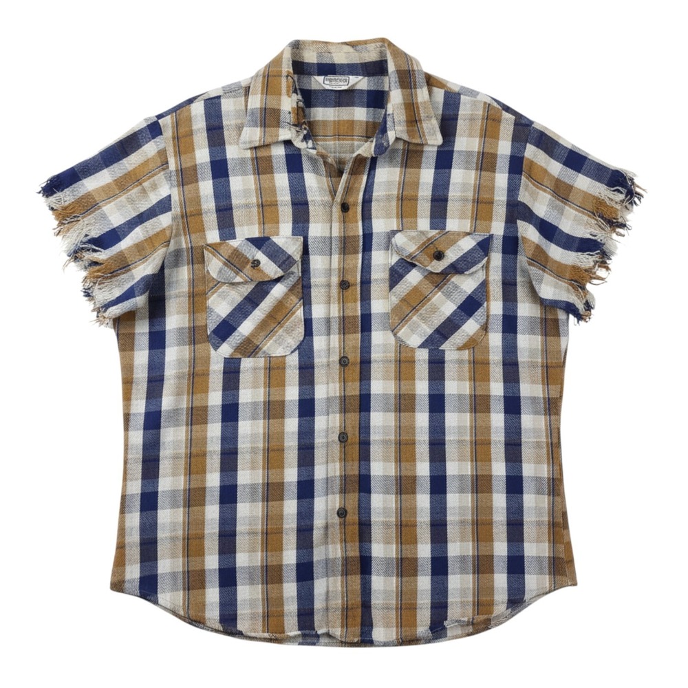 VTG Five Brother Shirt Mens L Blue Brown Plaid Heavy Flannel Distressed USA Made